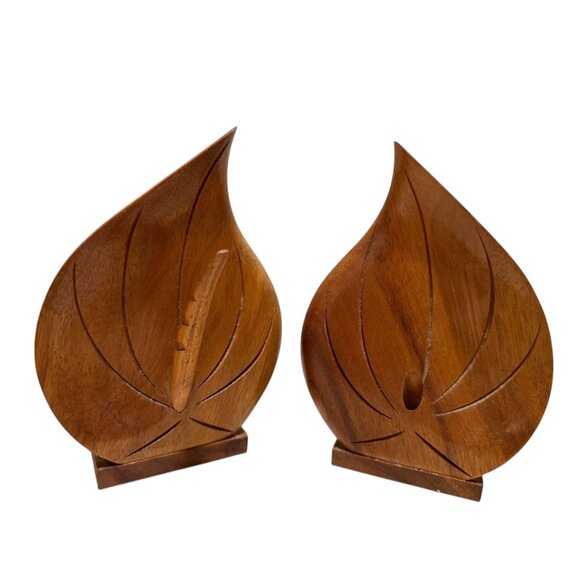 Waikiki Woods Monkey Pod Bookends Hawaii Hand-Carved Wooden Leaf Design READ - Picture 2 of 8